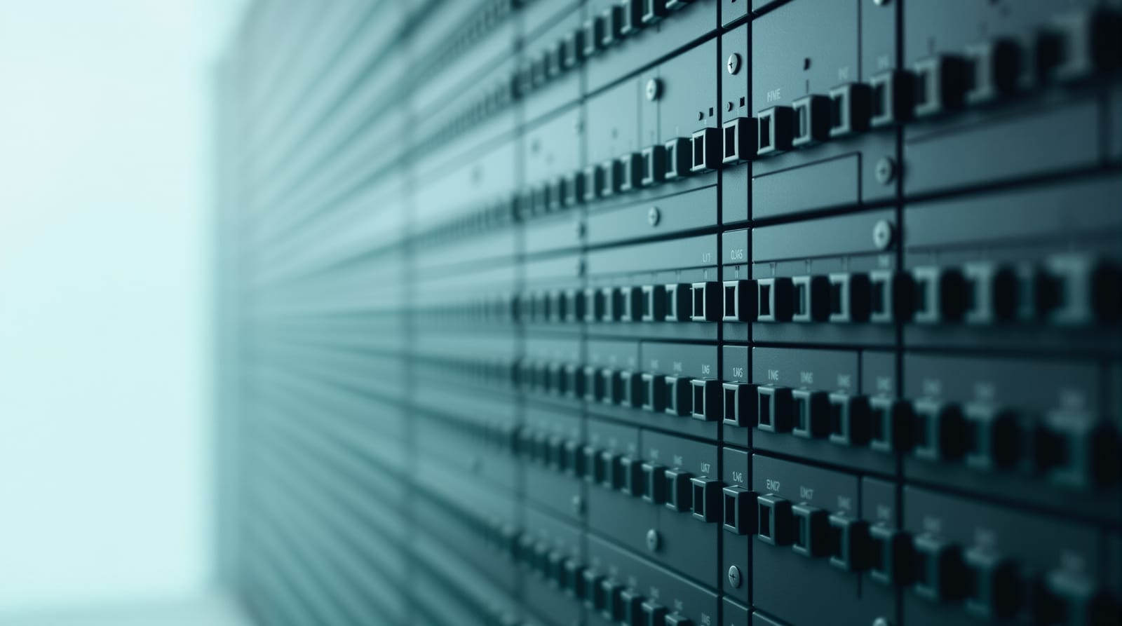 Ordered grid of patch-panel ports fading into shallow focus