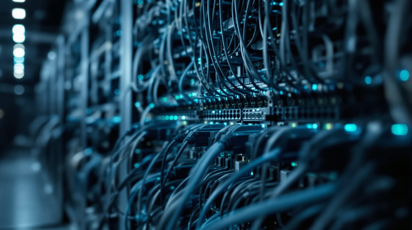 Ordered rows of patch-panel cabling in slate and graphite lit by diffuse cyan light, with open space on the left
