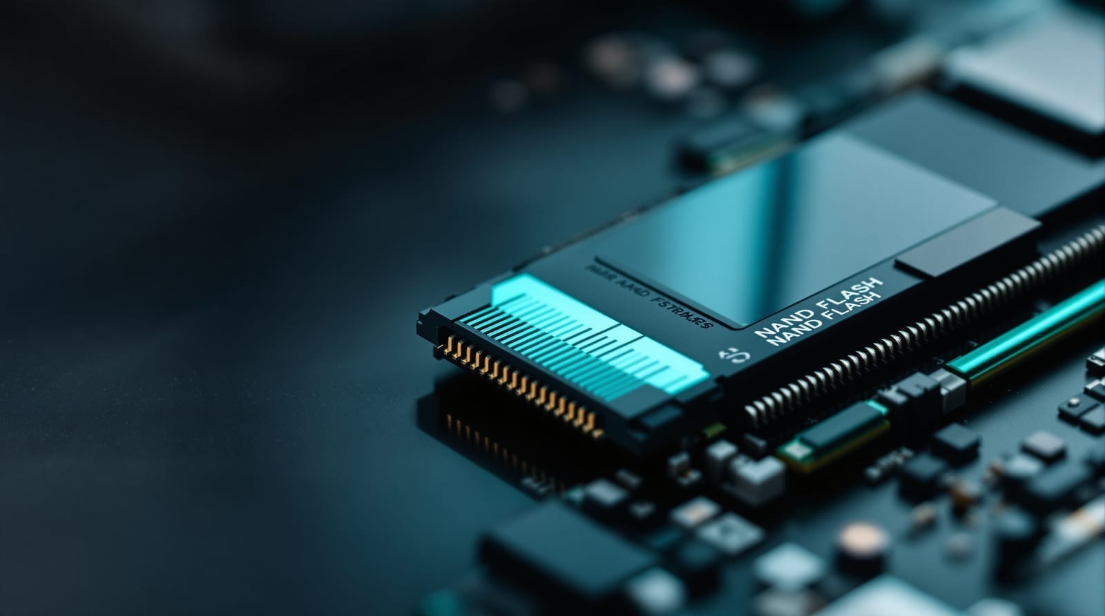 Macro view of flash memory packages and a drive connector on a circuit board