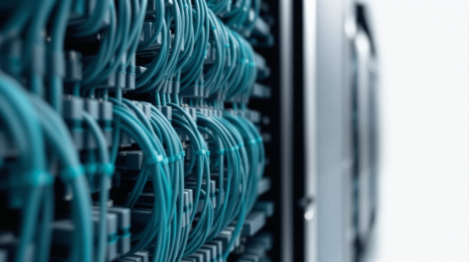 Close view of parallel patch cables running down a server rack, receding into shallow focus