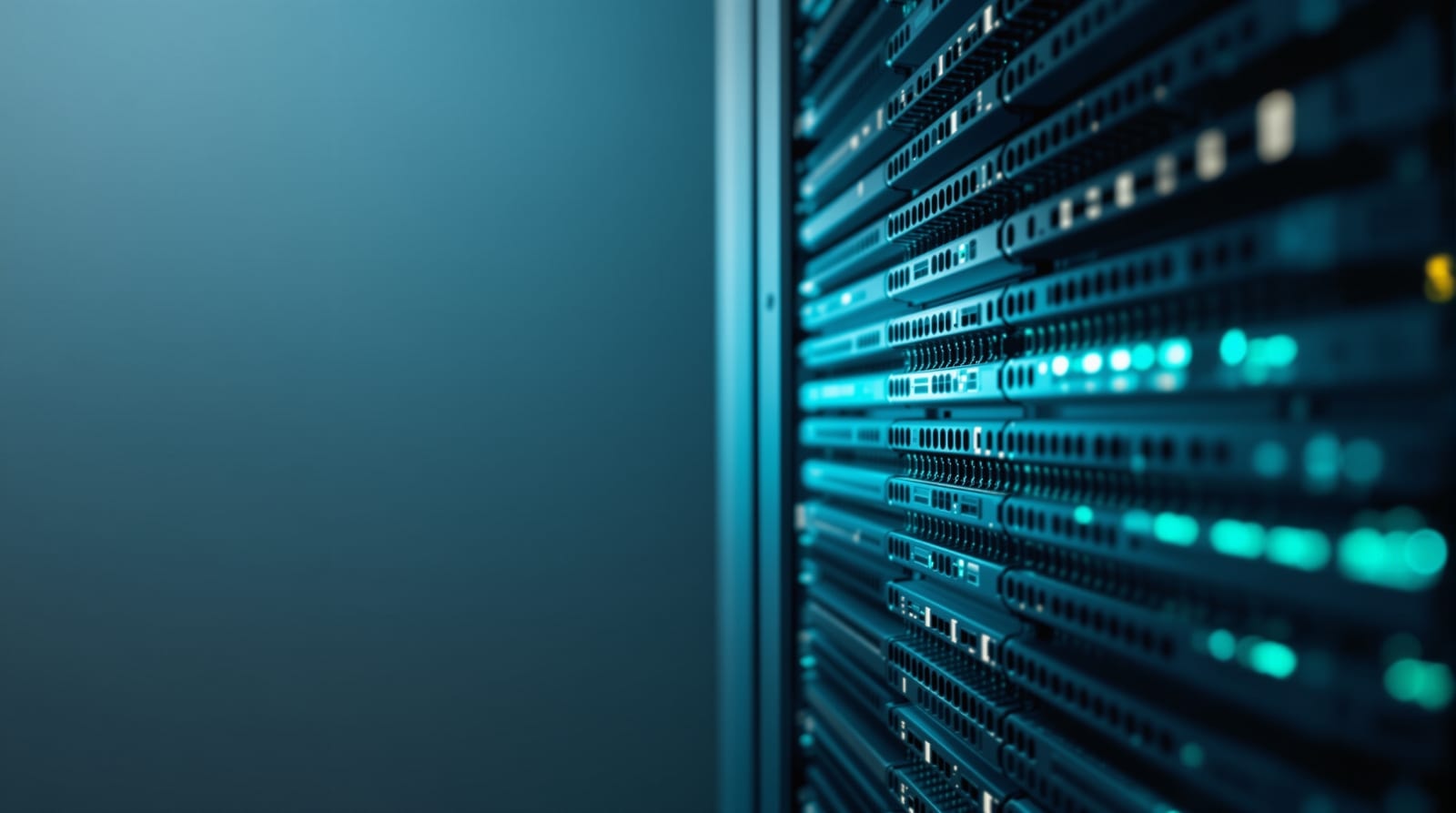 Two adjacent server racks seen edge-on, one rail run lit in cool light and the other in shadow