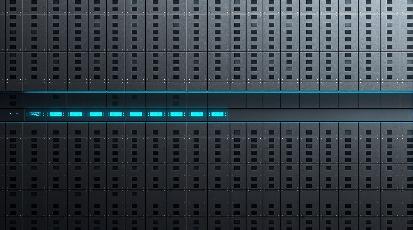 Straight-on view of a dark patch panel wall with one band of ports lit in cool cyan, open space at right