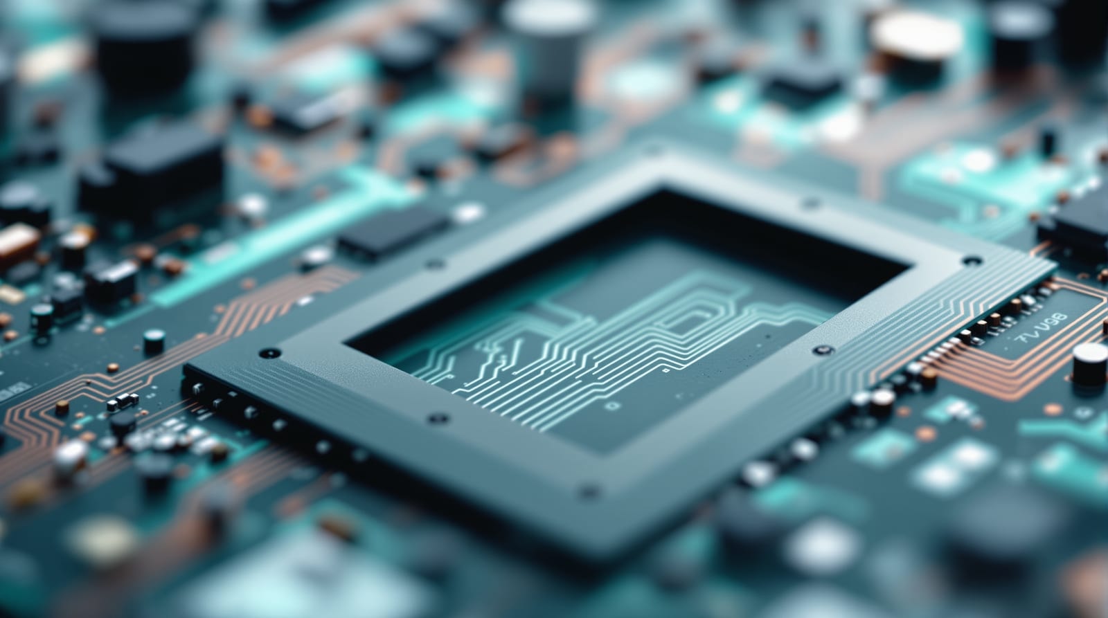 Macro detail of a mainboard expansion slot with copper traces fanning out of frame