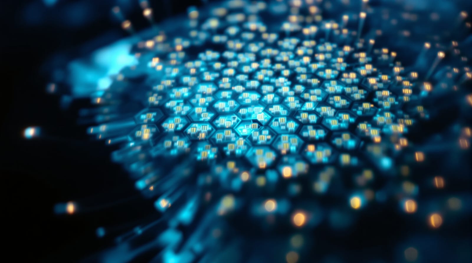Cross-section of a packed fibre optic trunk with cyan light emerging from polished fibre ends, open space at left