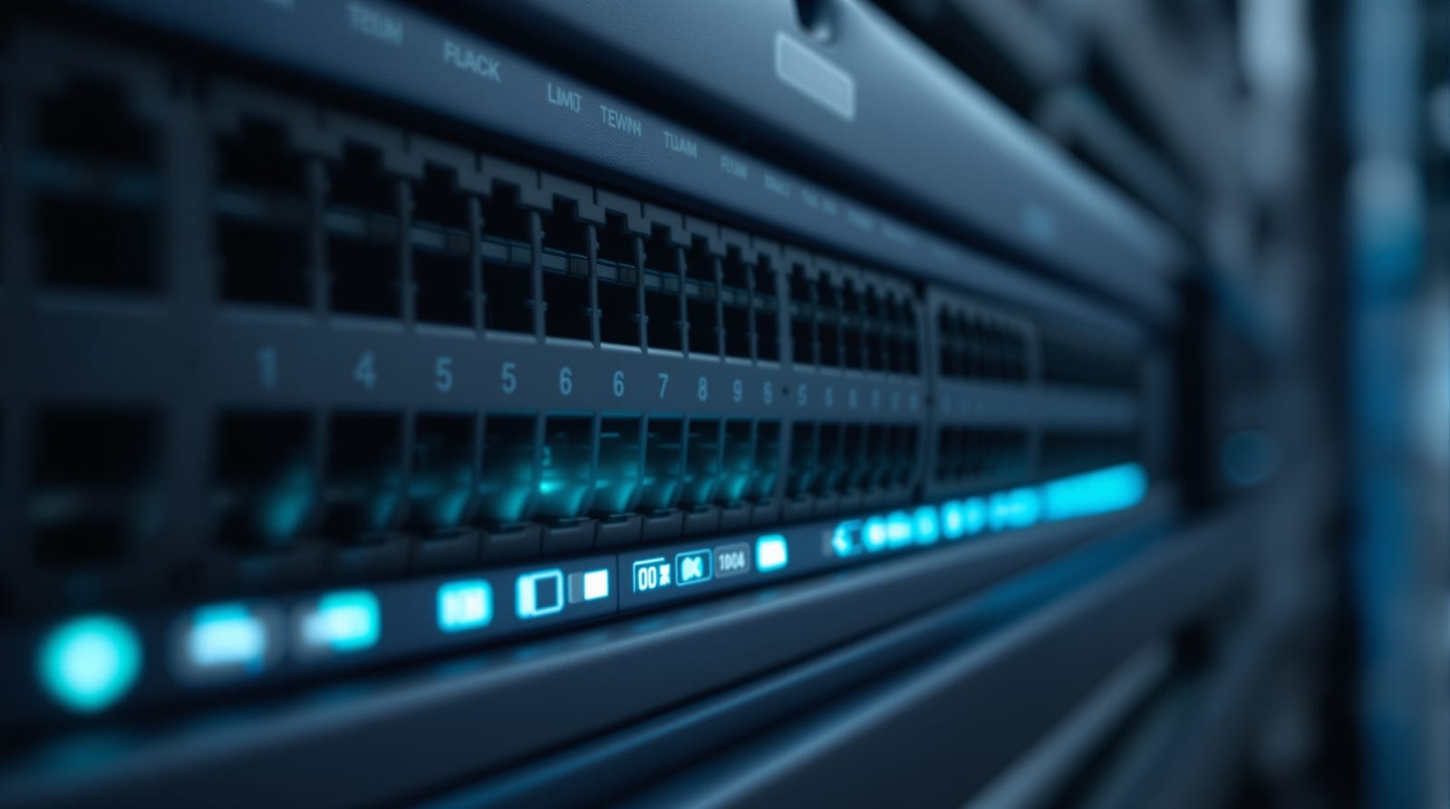 Steeply angled row of network ports on a graphite switch faceplate lit by a diffuse cyan glow, with open space on the right