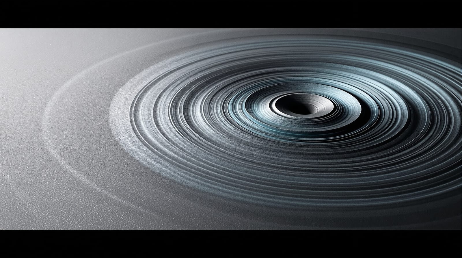 Concentric ripple rings pressed into a matte slate surface, grazed by cool cyan light, with open space to the left