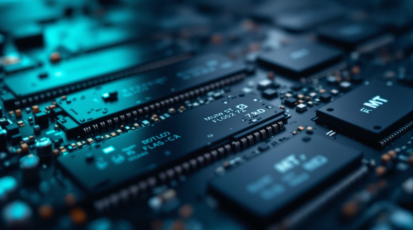 Macro view of a bare solid state drive board showing a grid of flash memory packages under cool light