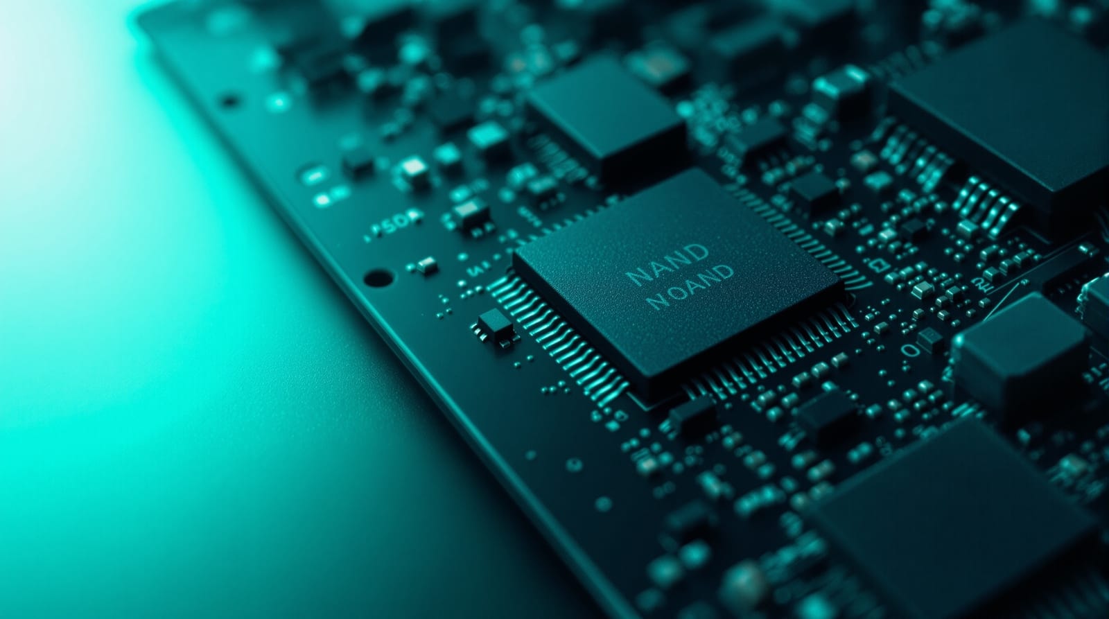 Macro of flash memory packages on a solid-state drive board raked by cool cyan light, with open space on the left